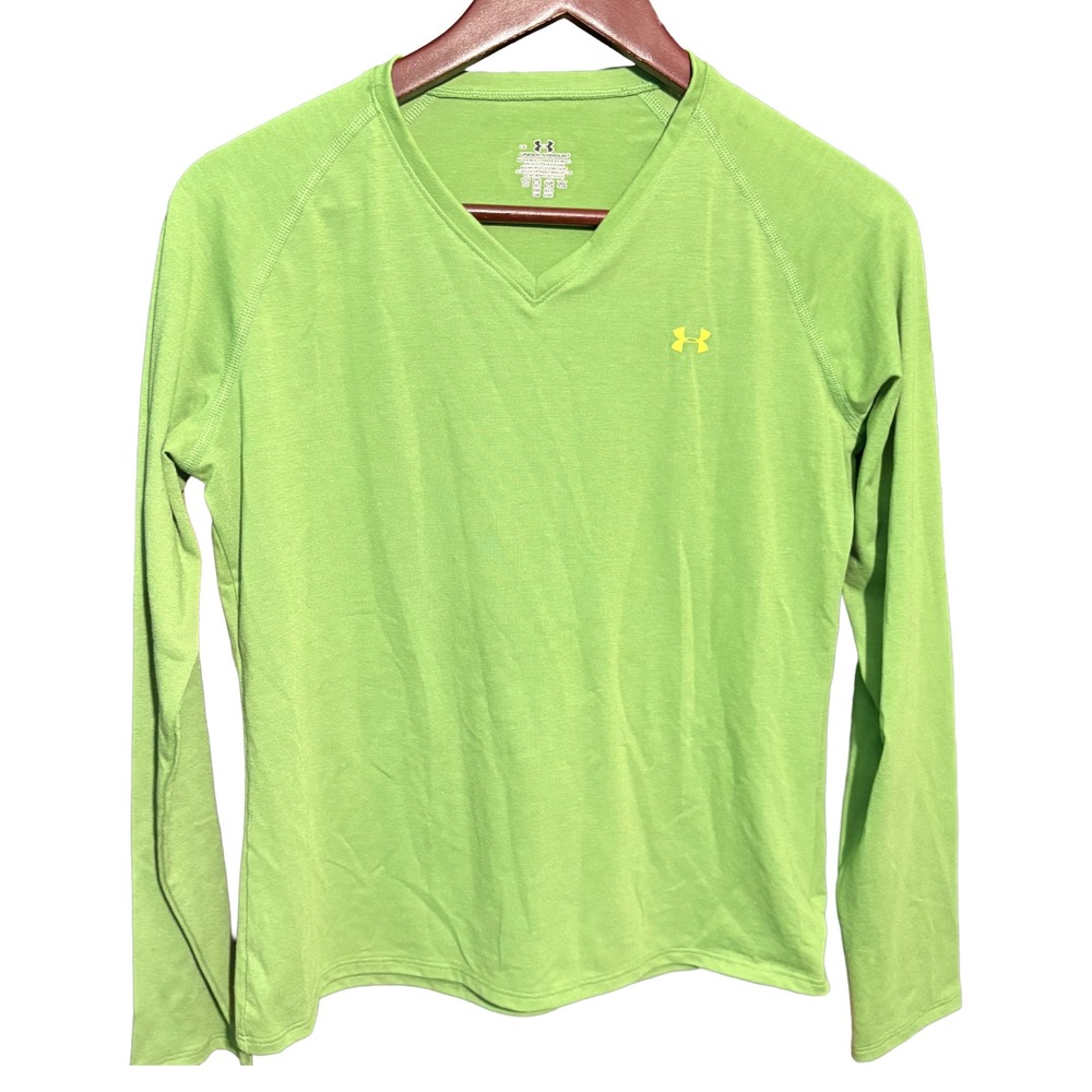Under Armour Shirt Womens Large Green Long Sleeve V Neck New work Out Gym